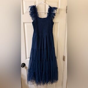 PrettyGarden Navy Blue Tulle Midi Dress Smocked Bodice Ruffle Straps